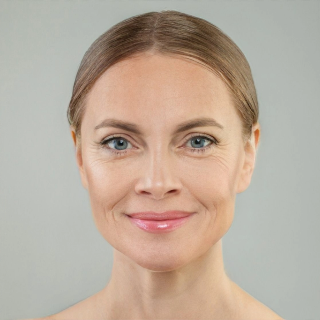 A natural-looking older woman demonstrates the brow lift and softening lines around the mouth and neck.