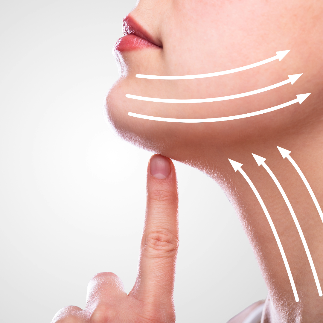 woman touching her chin and showing arrows