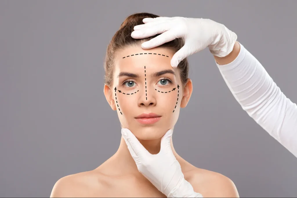 A woman's face demonstrates with the addition of graphics the areas that can be treated with the clinic's facelift.