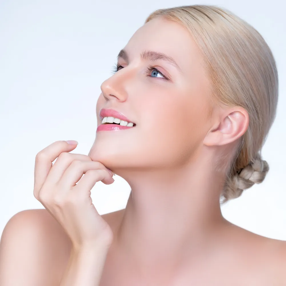 closeup personable beautiful woman with perfect smooth skin